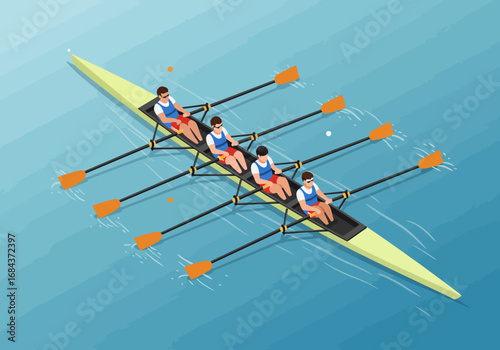 A rowing team of four members rows a yellow boat across blue water