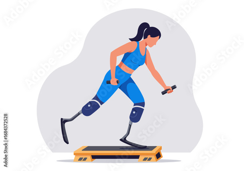 Exercising woman with prosthetic legs lifts weights on a step in athletic wear