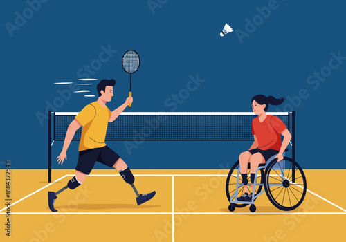Illustrated badminton match a male player with prosthetics  a woman in a wheelchair compete on a court with a net and shuttlecock