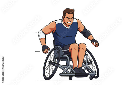 Man in wheelchair angry expression racing fast with blurred speed lines