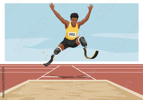 Man with prosthetic legs long jumping into sandpit on track