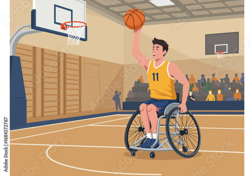 Wheelchair basketball player poised to shoot in a gymnasium setting with spectators