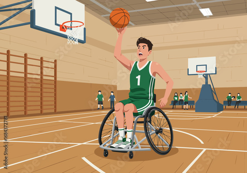 Wheelchair basketball player shooting in a gym with spectators