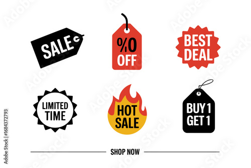 Sale badge bundle, discount tag set, percent label, best deal sticker, limited time badge, hot sale flame, buy one get one icon, shop now arrow, vector clipart, ecommerce marketing pack