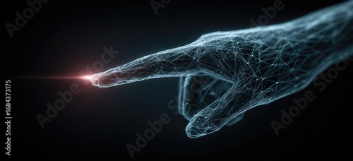 A digital hand, rendered as a network of lines and points, reaches out, its fingertip poised to touch a glowing point of light