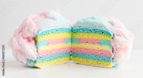 Colorful Rainbow Layered Cake Cut in Half with Cotton Candy Frosting