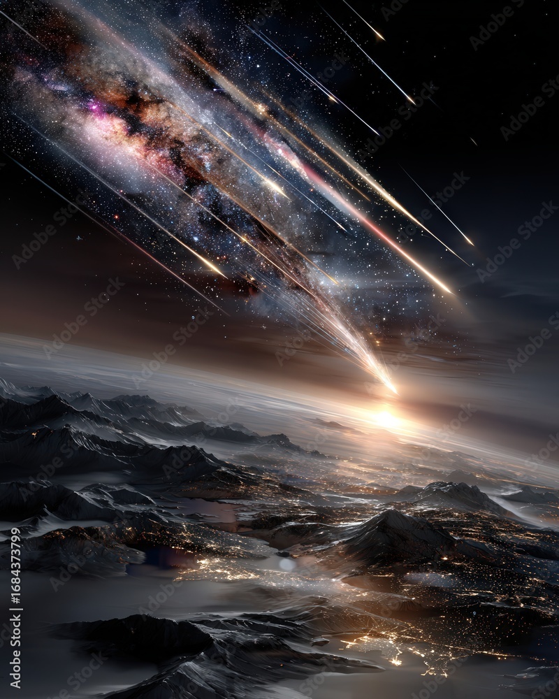 Fototapeta premium Colorful northern lights with meteor shower and bright Milky Way shining above mountain peaks in breathtaking night sky
