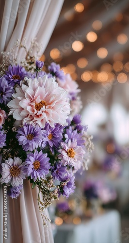 Pastel flowers adorn a draped fabric backdrop