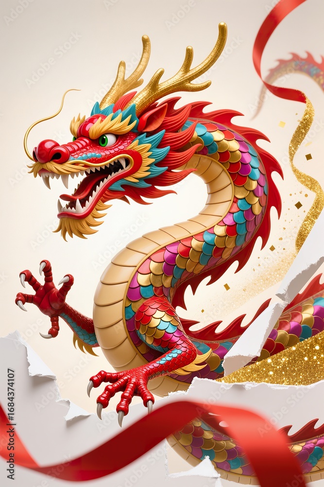 Obraz premium A surreal, simple 3d artwork of a Chinese New Year dragon, vibrant scales spilling outside edges with minimal design