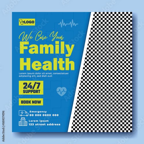 Smiling female doctor wearing a stethoscope and white coat with family health services advertisement