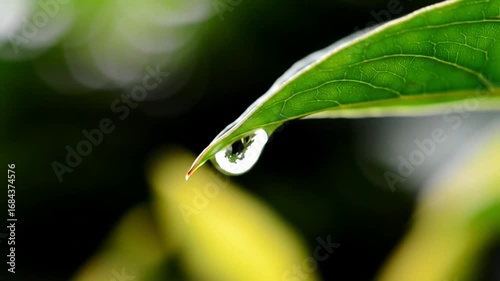 Macro shot of water droplets hanging from a green leaf after rain, nature beauty
