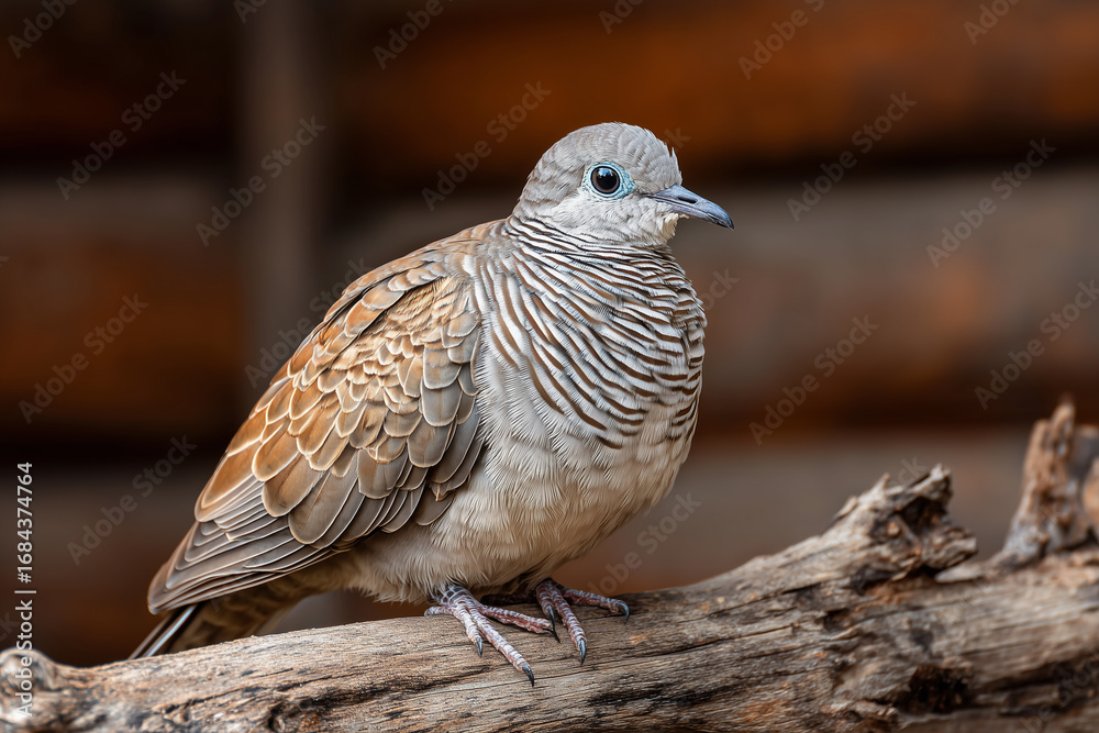 Fototapeta premium Realistic zebra dove perched on a tree branch, detailed feathers, soft natural light, wildlife
