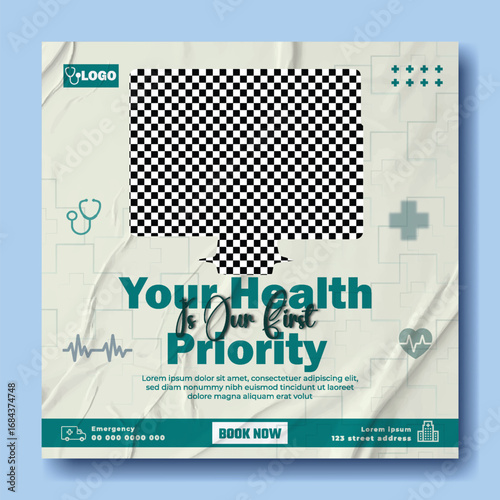 Modern dental clinic social media post featuring digital x rays and health priority message