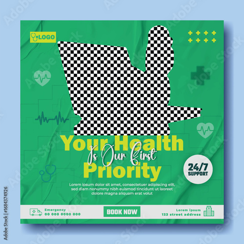 Doctor examining laptop screen with magnifying glass and health icons on green background promoting healthcare services