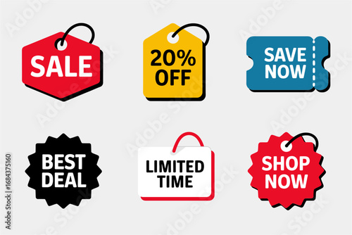 Discount label and sale tag icons with promotion design, shop now and limited time illustration, best deal and save now graphics, e commerce vector set