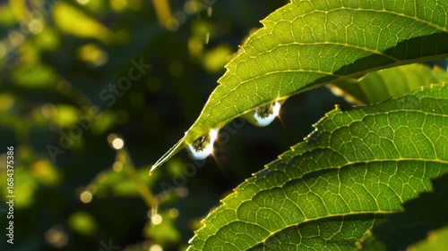 Macro view of water droplets on green leaf after rain conveying freshness and nature