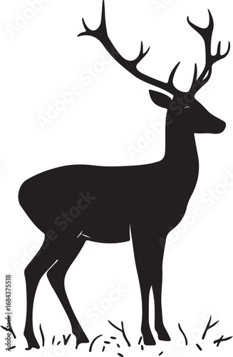 Majestic Deer Silhouette in the Wild Isolated on White Background Standing Tall with Antlers Raised High in Nature