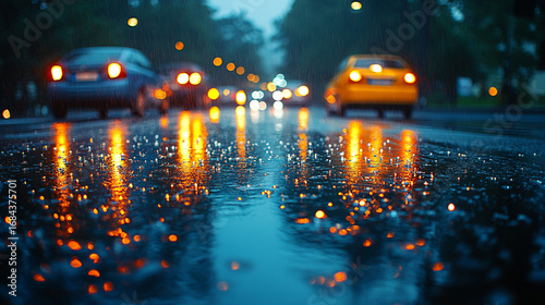 Rainy city street at night, cars with lights reflecting on wet asphalt
