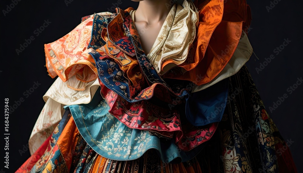 Fototapeta premium Avant-Garde Layered Outfit with Colorful Textile and Beadwork