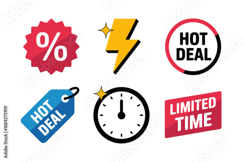 Flash sale and discount icons with limited time design, hot deal and percentage illustration, price tag and clock graphics, e commerce vector set