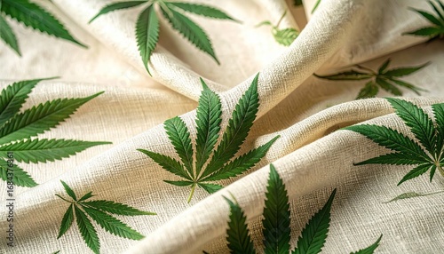 Beige Hemp Fabric with Green Leaf Pattern