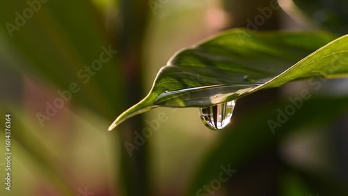 Time Lapse of a Water Drop Dripping from a Green Leaf in Slow Motion Video Capture