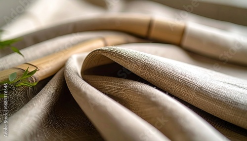 Beige Organic Linen Fabric Draped with Bamboo Detail
