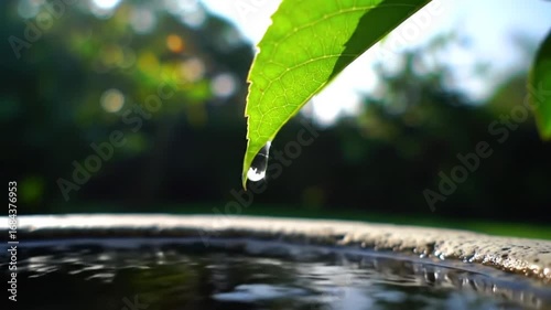 Water Droplet Falling from Green Leaf into Stone Basin Creating Ripples and Reflections