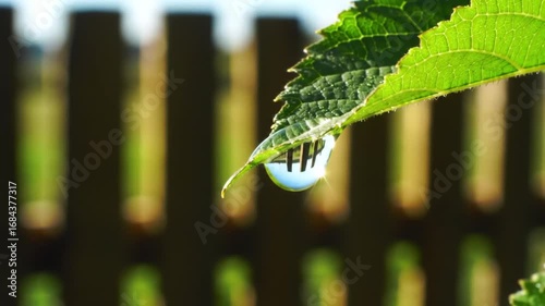 Water Droplet on Leaf Reflecting Fence, Macro Shot for Environmental Awareness
