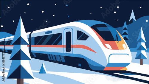 Illustration of Train Traveling at Night in a Snowy Landscape Geometric Style Vector