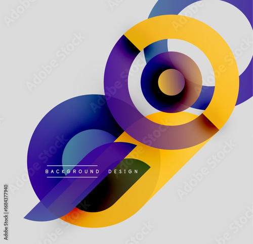 Abstract colorful overlapping circles create dynamic visual composition. Gradient shades blend smoothly, offering modern aesthetic.
