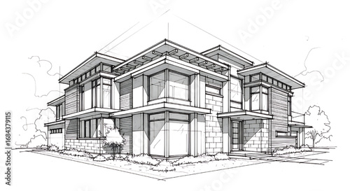 An architectural illustration of a large, modern home with a complex, multi-gabled roof design.