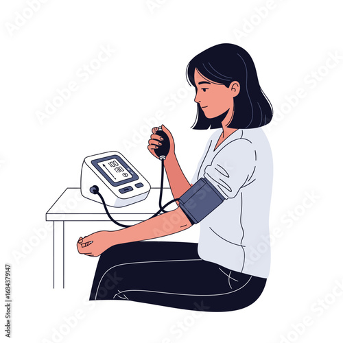 woman checking her blood pressure 2d vector illustration isolted white background