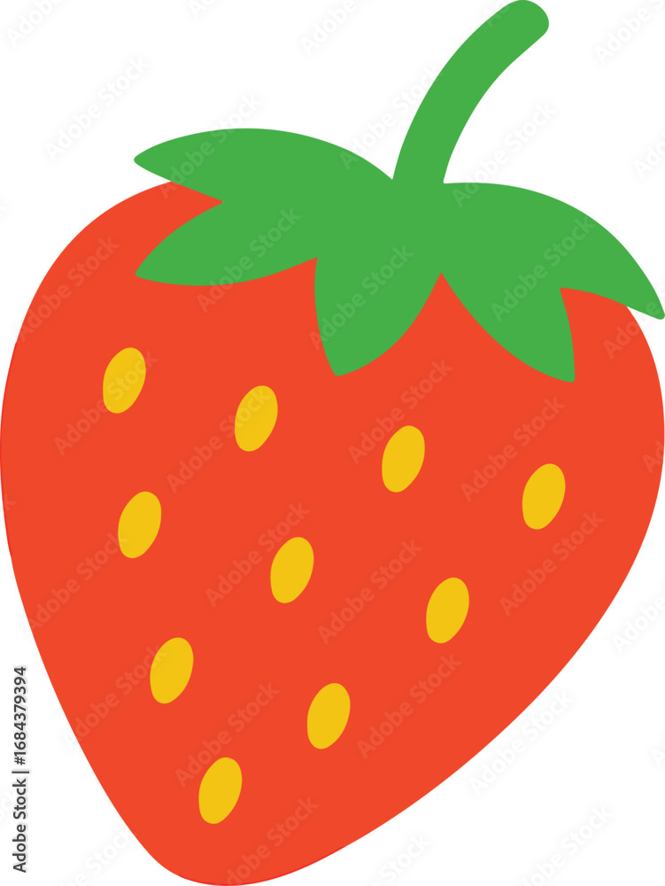Fototapeta premium Simple Strawberry Vector. Bright Red Fruit with Green Leaves and Yellow Seeds Isolated on White Background