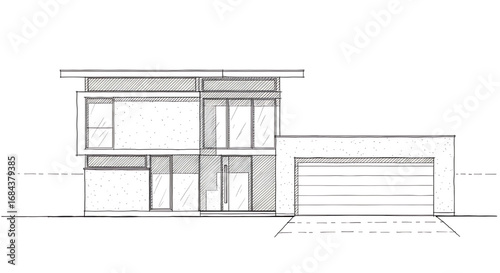 A clean, minimalist architectural line drawing of a modern house facade with a flat roof.
