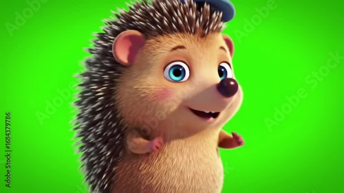 Cartoon Hedgehog Standing Animated Against Green Screen Background