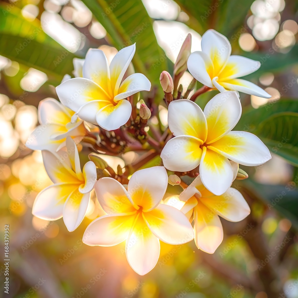 Fototapeta premium A cluster of plumeria blossoms, radiant white and yellow, bathed in soft sunlight, showcasing the delicate beauty of tropical flowers.