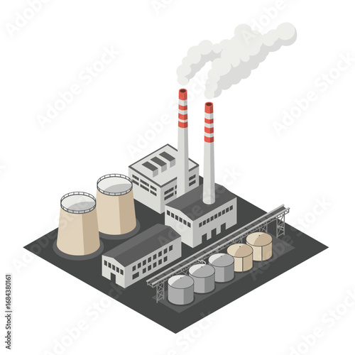 Industrial Power Plant with Chimneys and Cooling Towers