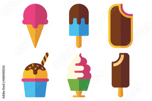 Ice cream variety icons with cone and dipped bar design, dipped bar and sandwich illustration, waffle cone and frozen treat graphics, sweet dessert vector set