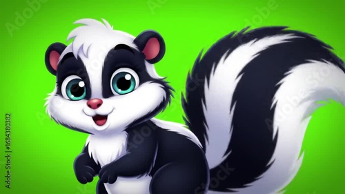 Animated Skunk Waving Paw on Green Background Friendly Cartoon Illustration