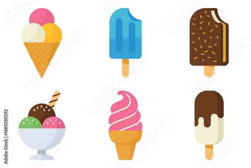 Popsicle and ice cream bowl icons with colorful design, gelato scoop and cone illustration, sundae and frozen dessert graphics, summer treat vector set