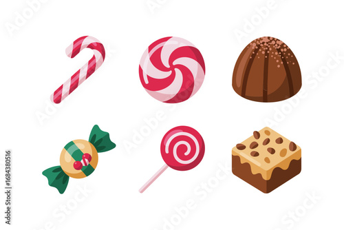 Assorted candy and chocolate icons with sweet treat design, peppermint cane and round candy illustration, chocolate square and bonbon graphics, confectionery dessert vector set