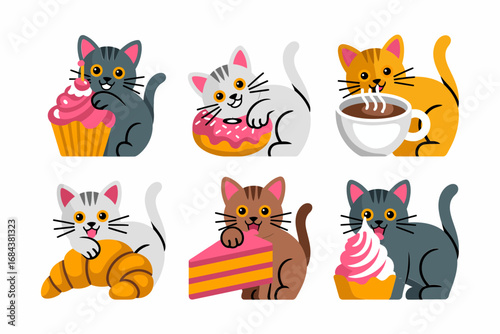 Playful cartoon cats with desserts illustration, cute kitten and fun graphics, sweet food and adorable animal art set