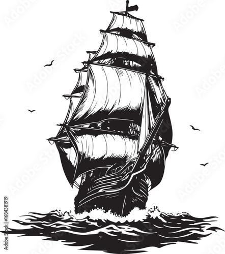 Majestic Tall Ship Sailing on the Open Sea Black and White Silhouette Vector Illustration Timeless Maritime Adventure Artwork