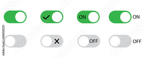Transparent background vector illustration switches set. On and Off states in green and grey colors for app ui, settings control, ux design, and digital interface elements