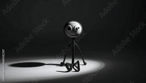 A simple stick figure sits in a spotlight, grayscale image