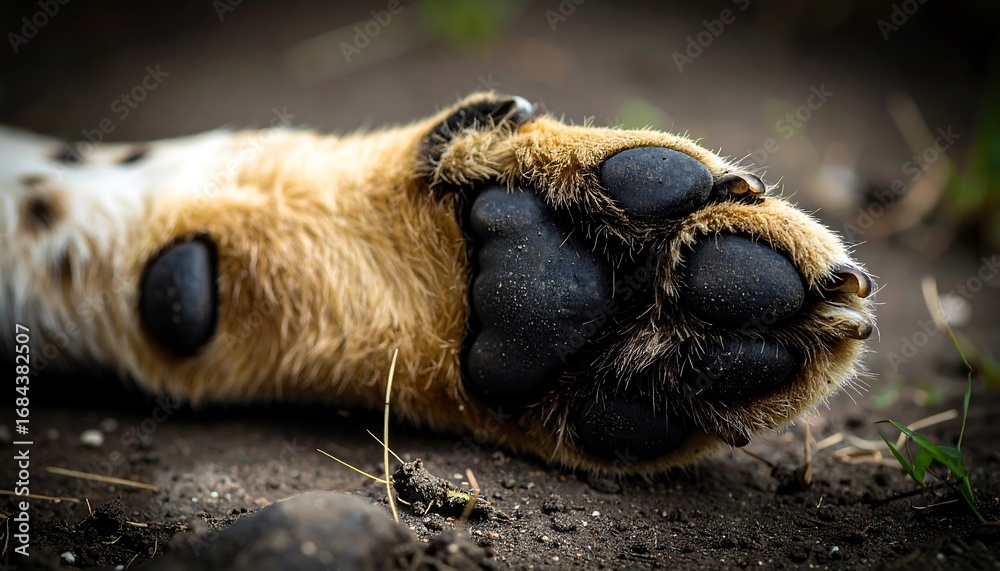 Obraz premium Close-up view of a textured paw print with detailed details of the animal's fur and dark pads.