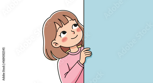 A cute cartoon girl with pink clothing looking upwards and smiling with joy.