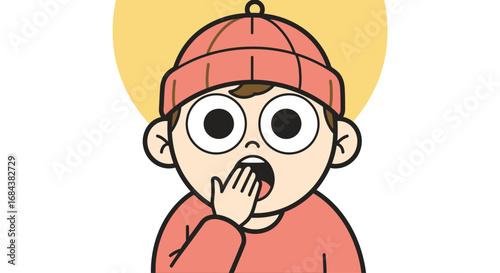 Cartoon illustration of a surprised child in a red hat and sweater.