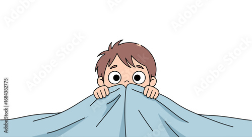 A frightened cartoon boy with wide eyes peeking out from behind a light blue blanket.